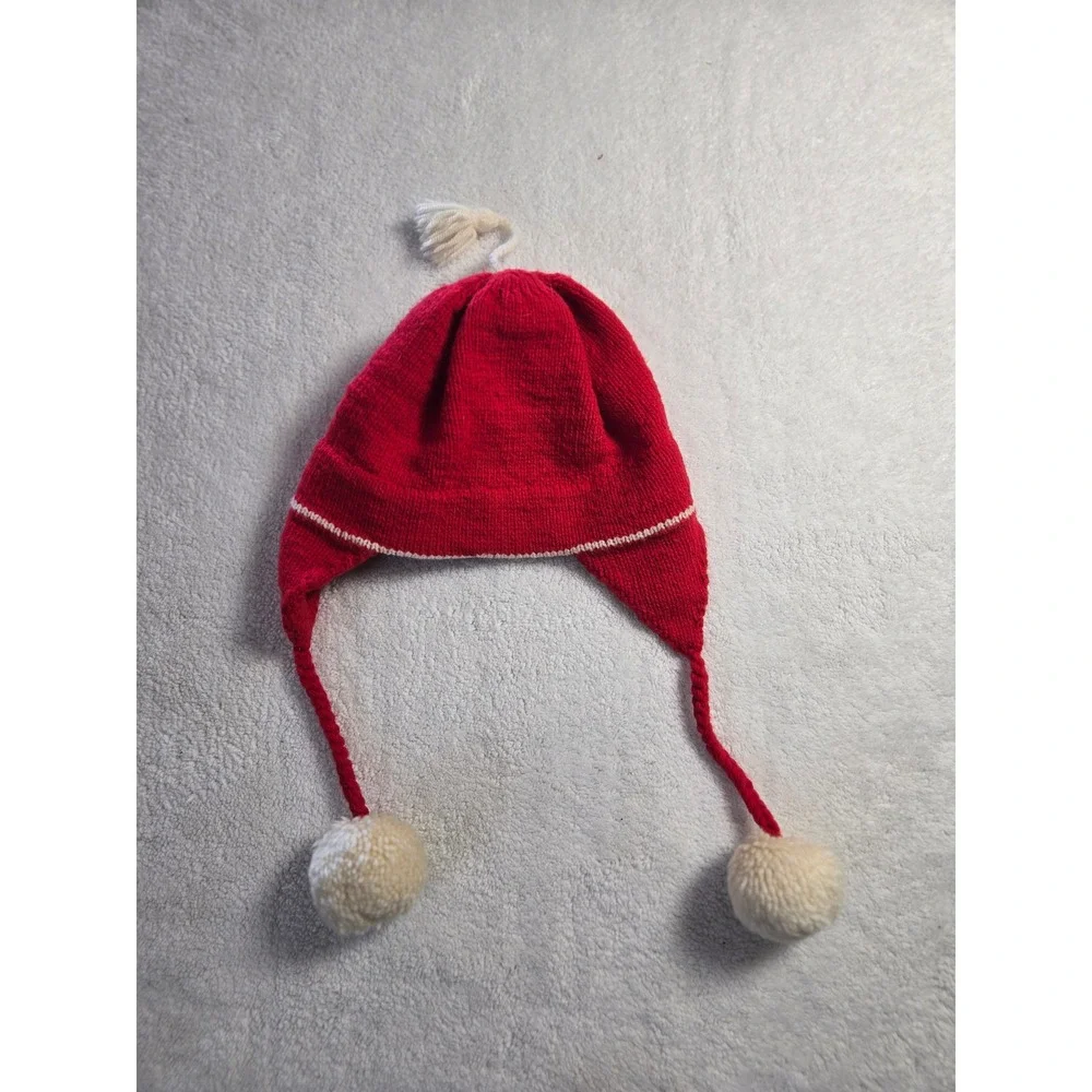 Kate Spade Bah Hum Bug Red Wool Fleece Lined Earflap Hat Pom Pom Beanie